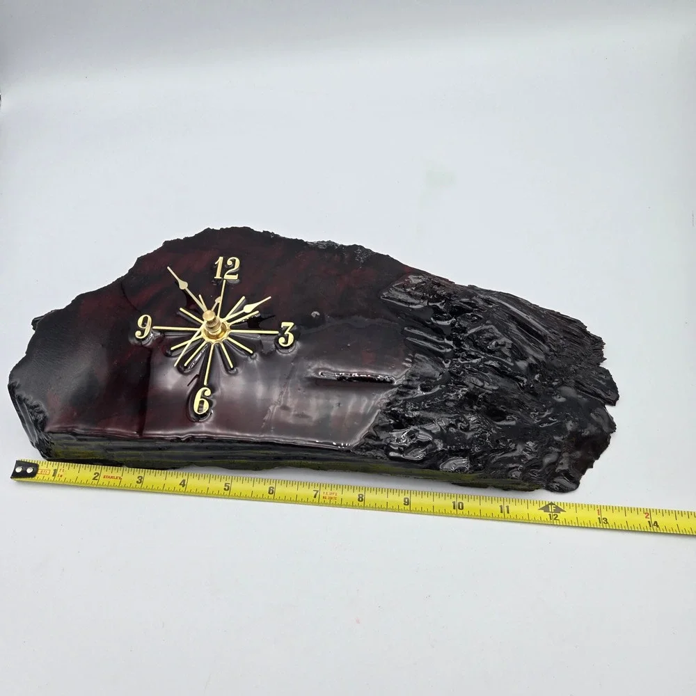Vintage Lacquered Live Edge Wood Slab Wall Clock Dark MCM Brutalist Needs Repair